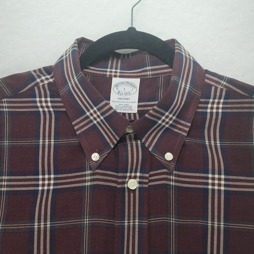 L Brooks Brothers Regent Button Down Shirt Burgundy Wine Plaid Pocket Maroon - Picture 4 of 9